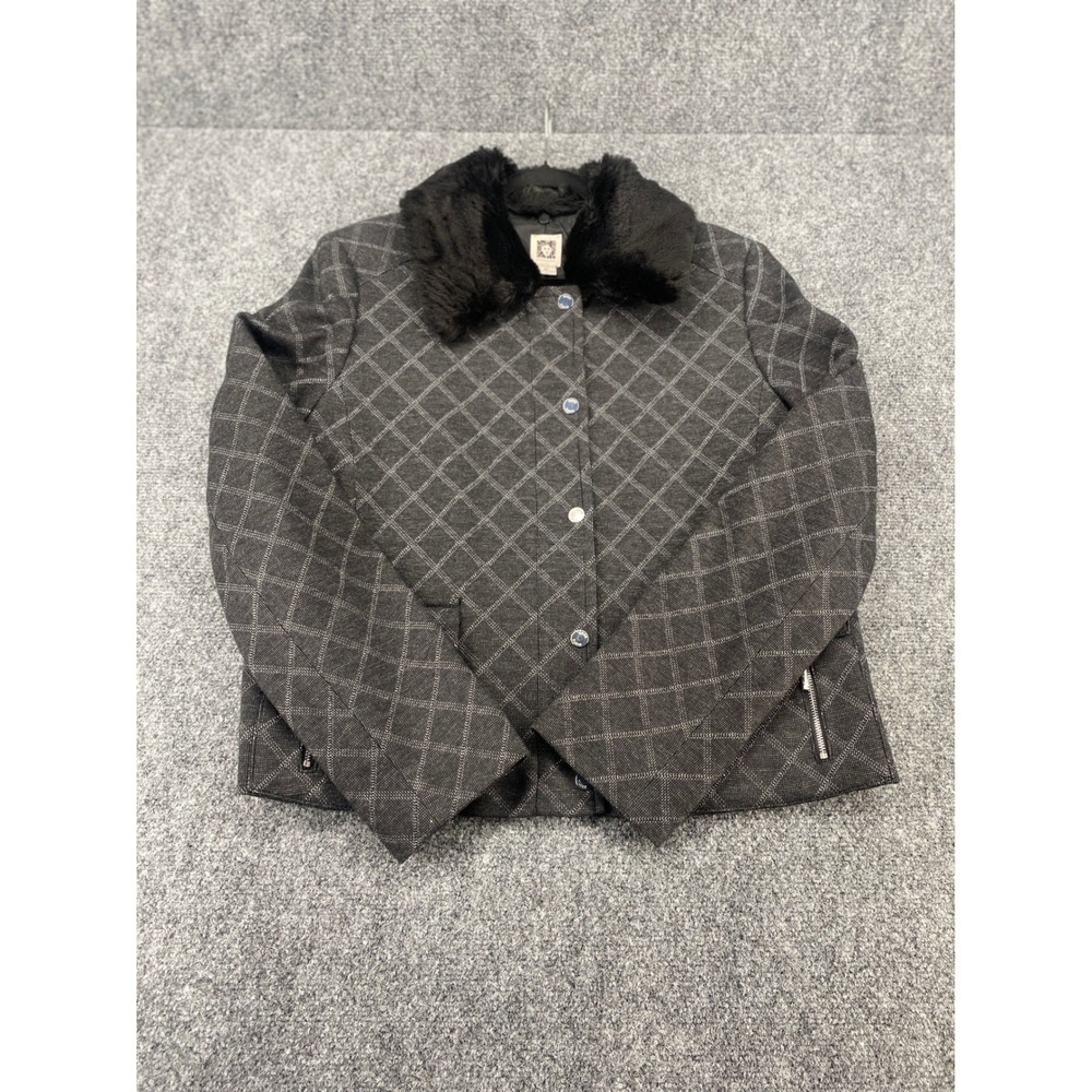 Anne Klein Quilted Jacket Faux Fur Collar Gray Metallic Diamond Women XL Coat